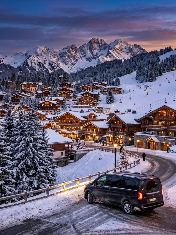 Les chalets de Courchevel sous la neige au crépuscule, un van noir sur la route de la station