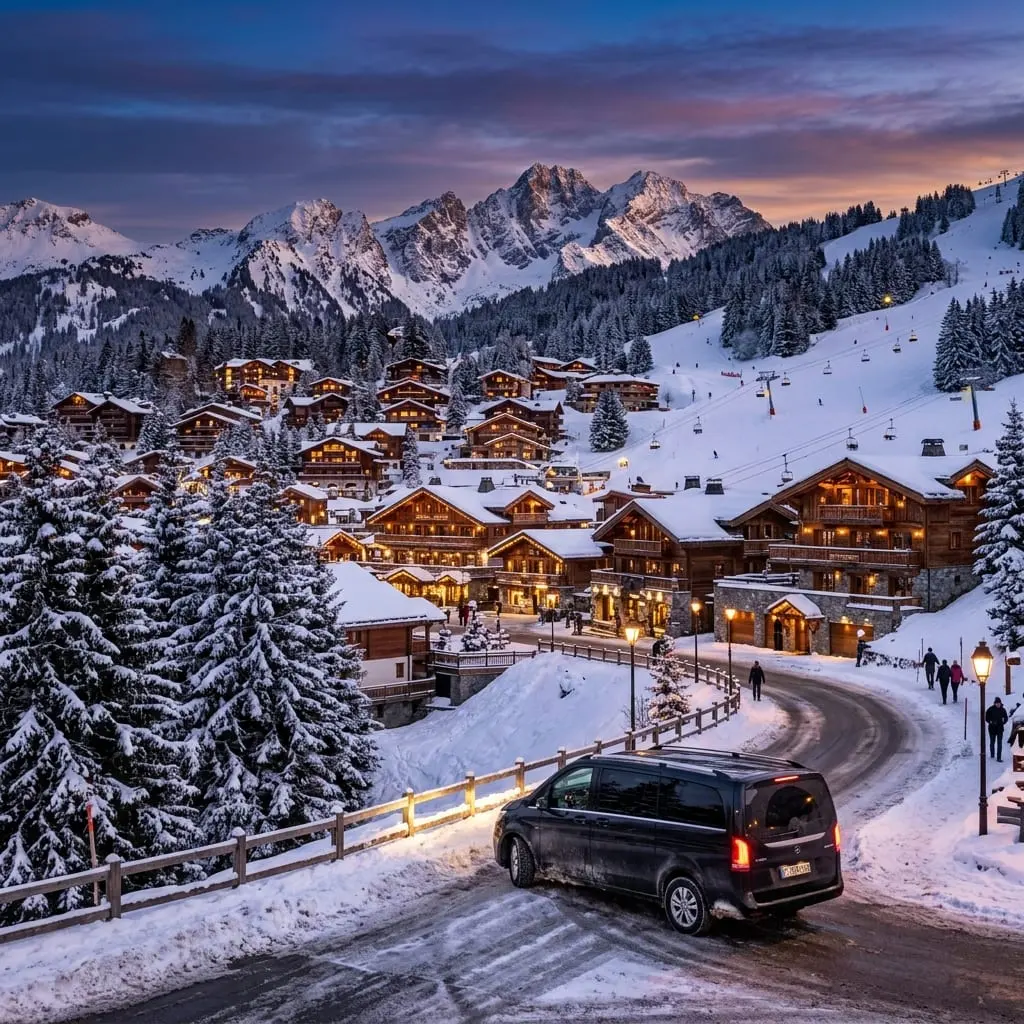 Les chalets de Courchevel sous la neige au crépuscule, un van noir sur la route de la station