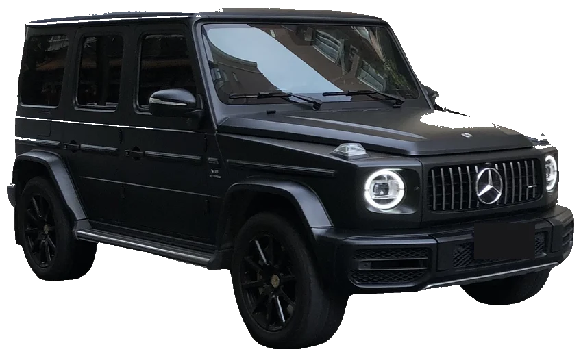 Mercedes Classe G noire, 4x4 iconique vu de trois quarts avant