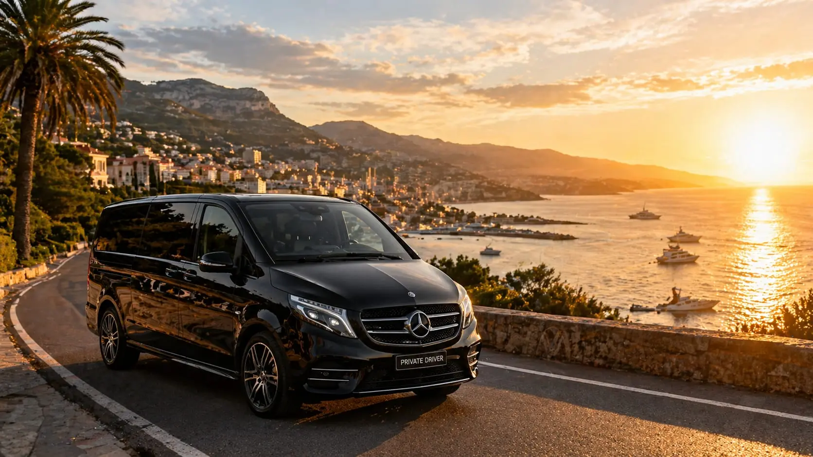 Mercedes Classe V noire sur une route de la Côte d’Azur au coucher du soleil