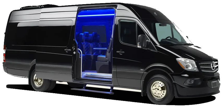 Mercedes Sprinter minibus noir, 20 places vu de trois quarts arrière