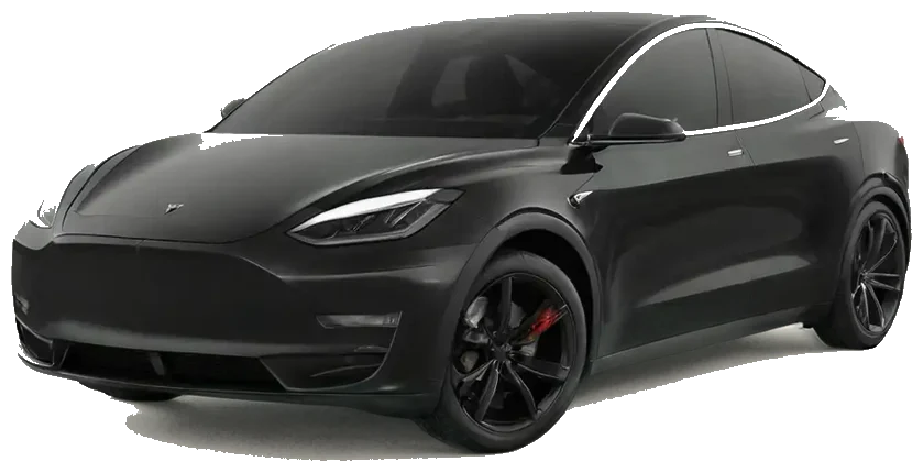 Tesla Model Y gris anthracite, SUV électrique vu de trois quarts avant
